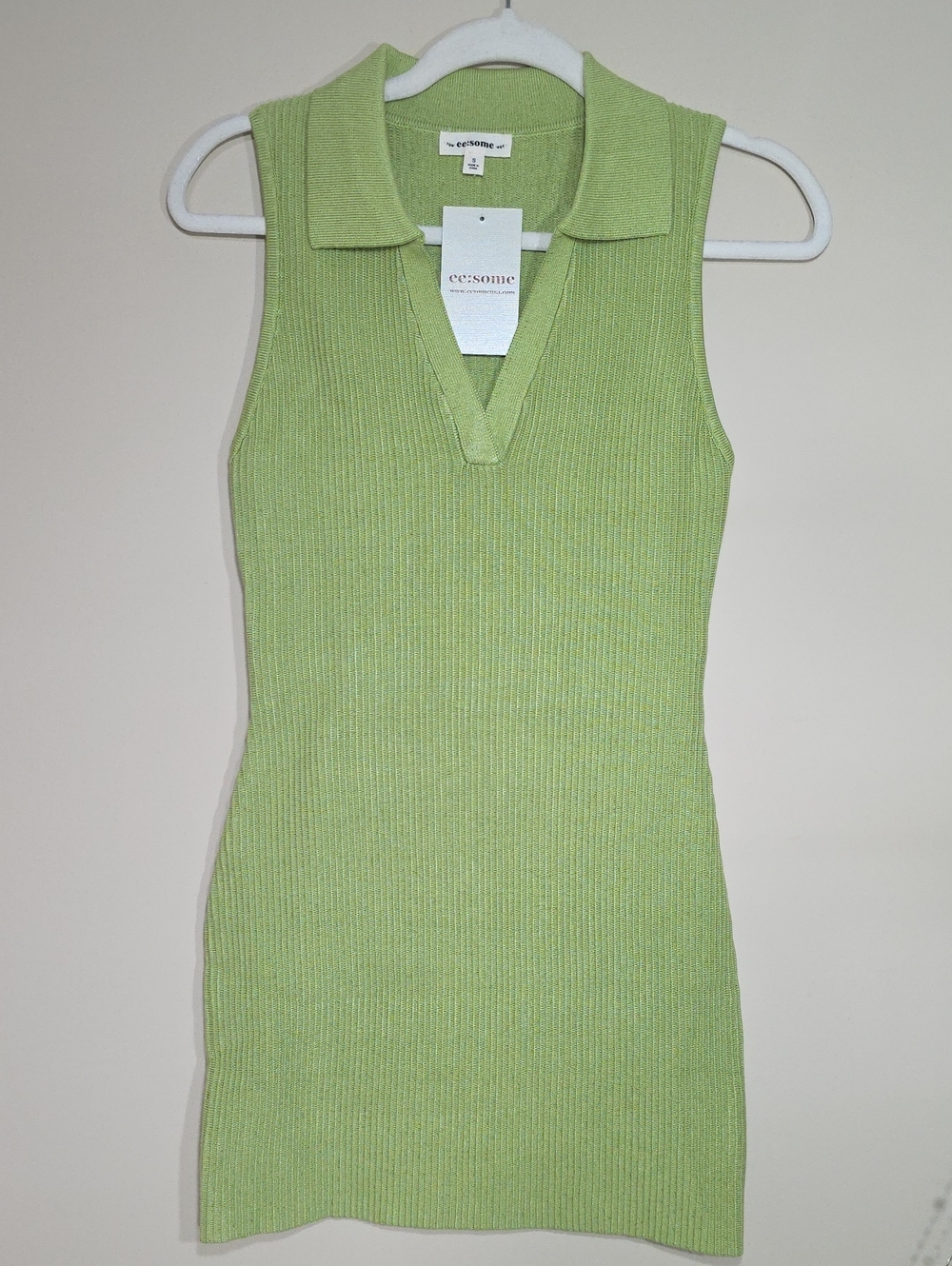 ee:some NWT Avocado Green Sleeveless Ribbed Knit Collared Mini Dress - Picture 2 of 7